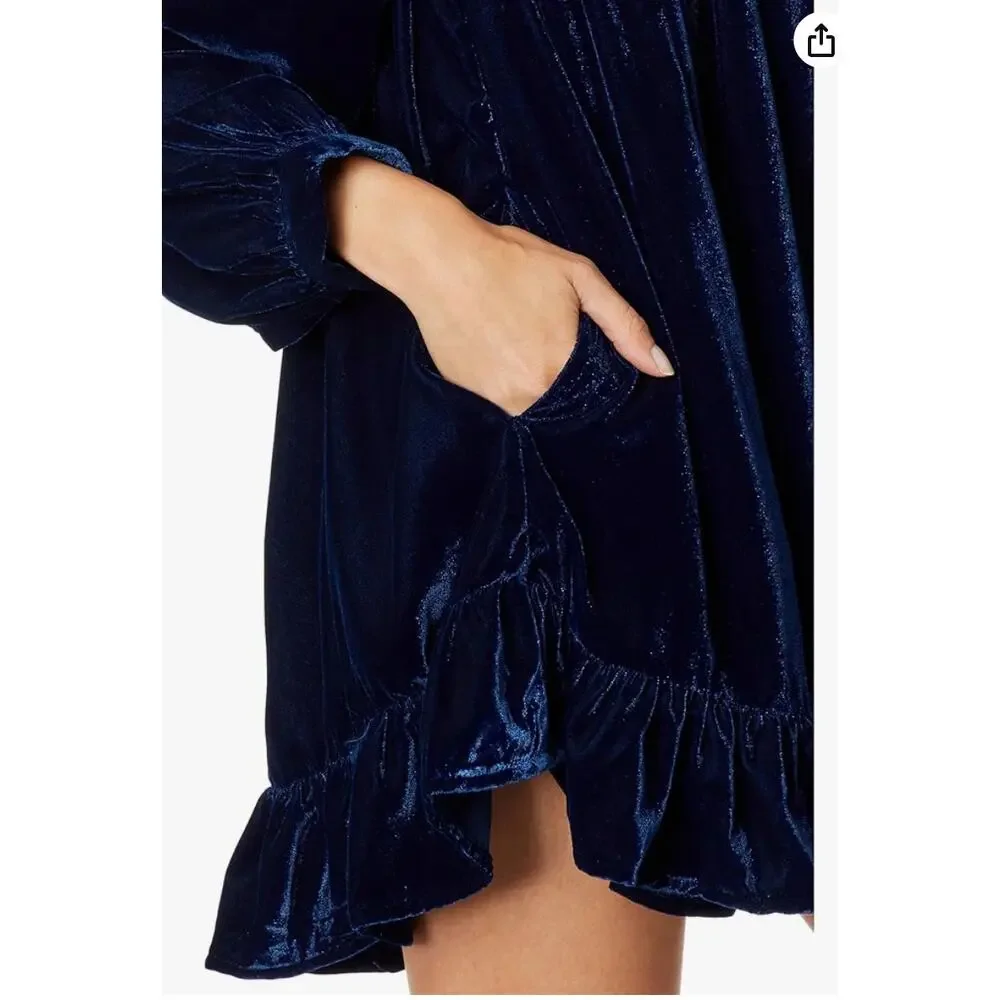 Free People Estella Velvet Mini Dress Navy Blue Babydoll Ruffle Medium